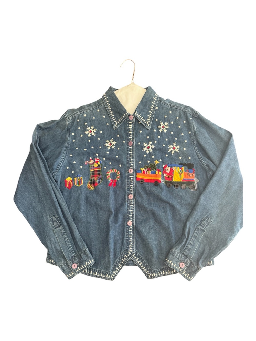 Vintage 90s Sara Studio Embroidered Christmas Holiday Denim Shirt M
